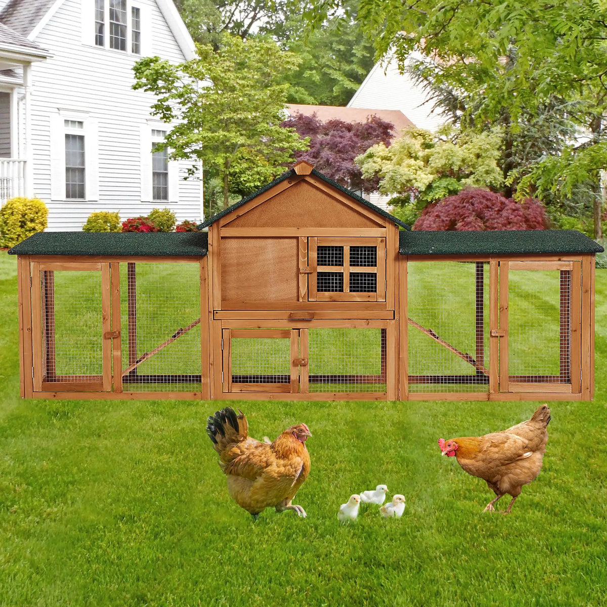 2-Story Rabbit Hutch 82.7", Outdoor Wood Cage with Double Side Runs, Pull-Out Tray, Ramps & Waterproof Roof