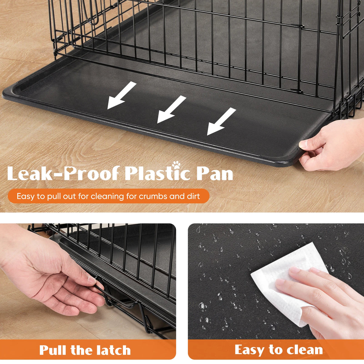 Dog Crate 36"–48", Folding Metal Wire with Double Doors, Divider Panel & Leak-Proof Tray