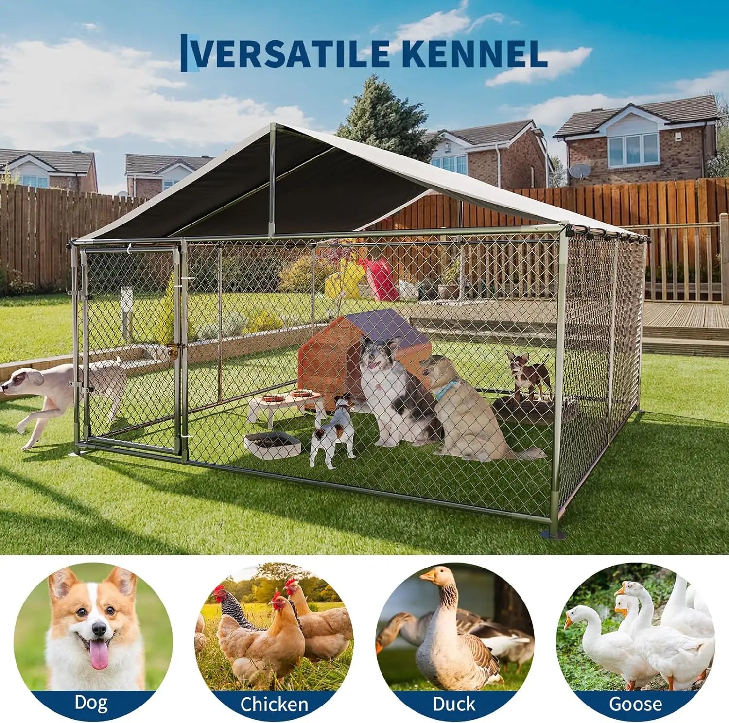 Outdoor Dog Kennel 7.5×7.5 ft, Galvanized Chain-Link with Waterproof Canopy Roof & Lockable Gate