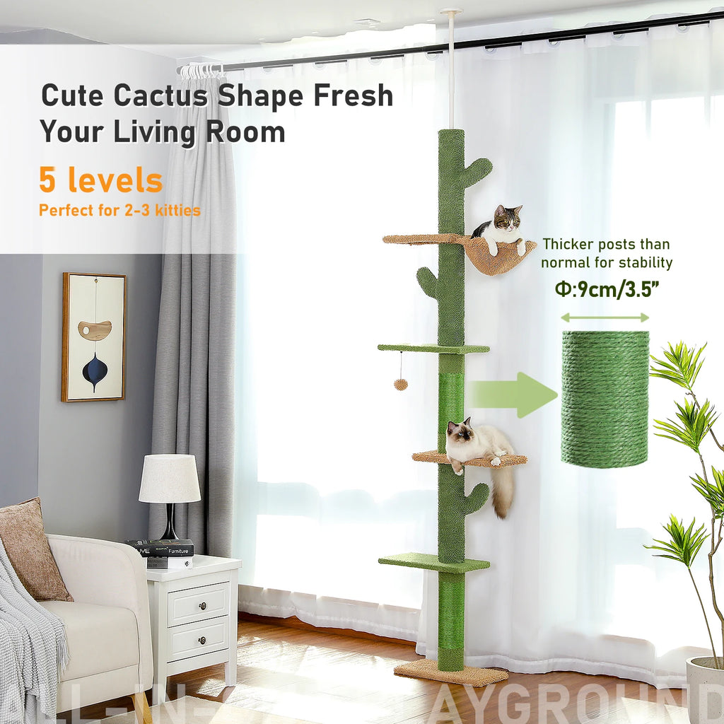 Cat Tree Cactus Floor to Ceiling 90"–108", 5 Levels with Sisal & Hammock