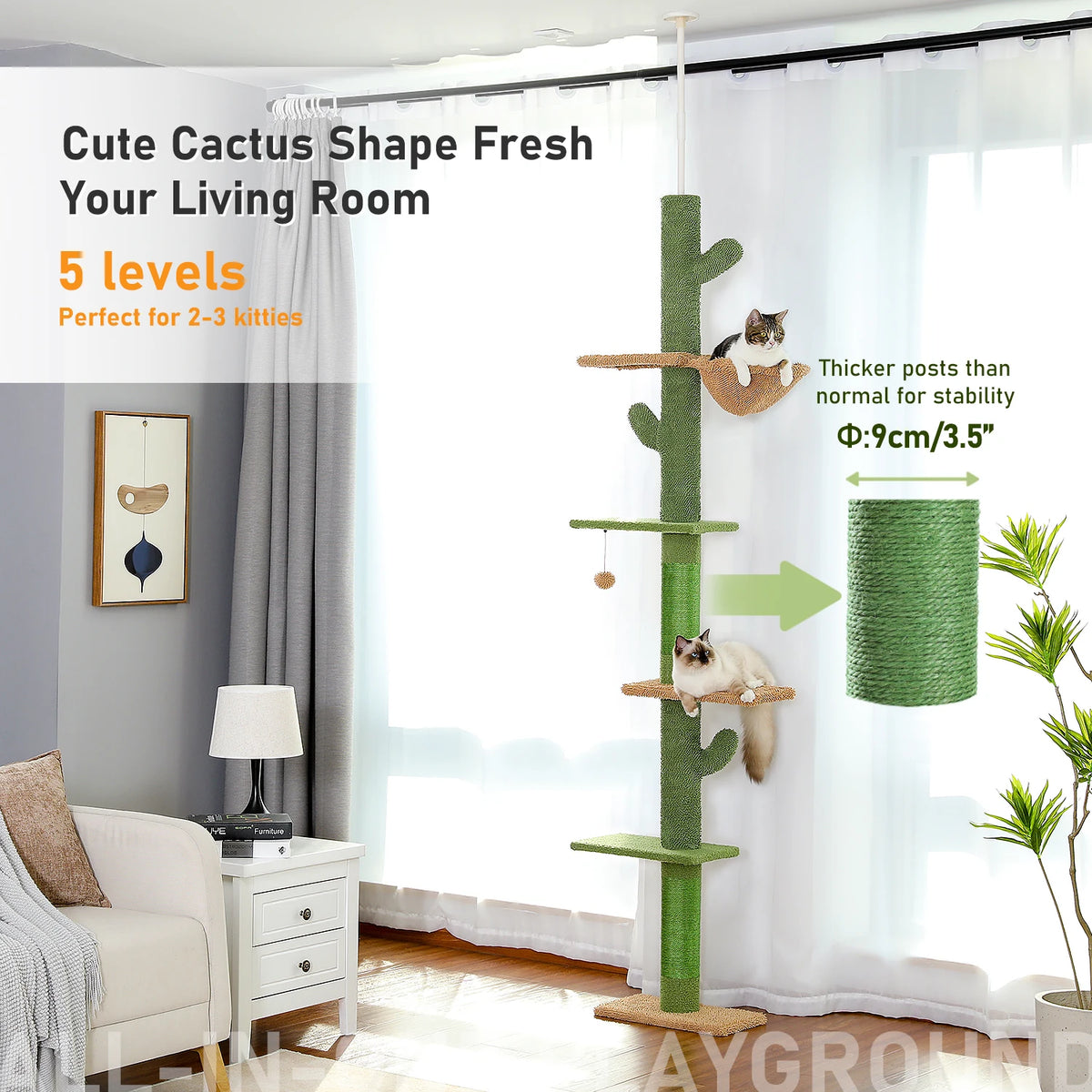 Cat Tree Cactus Floor to Ceiling 90"–108", 5 Levels with Sisal & Hammock