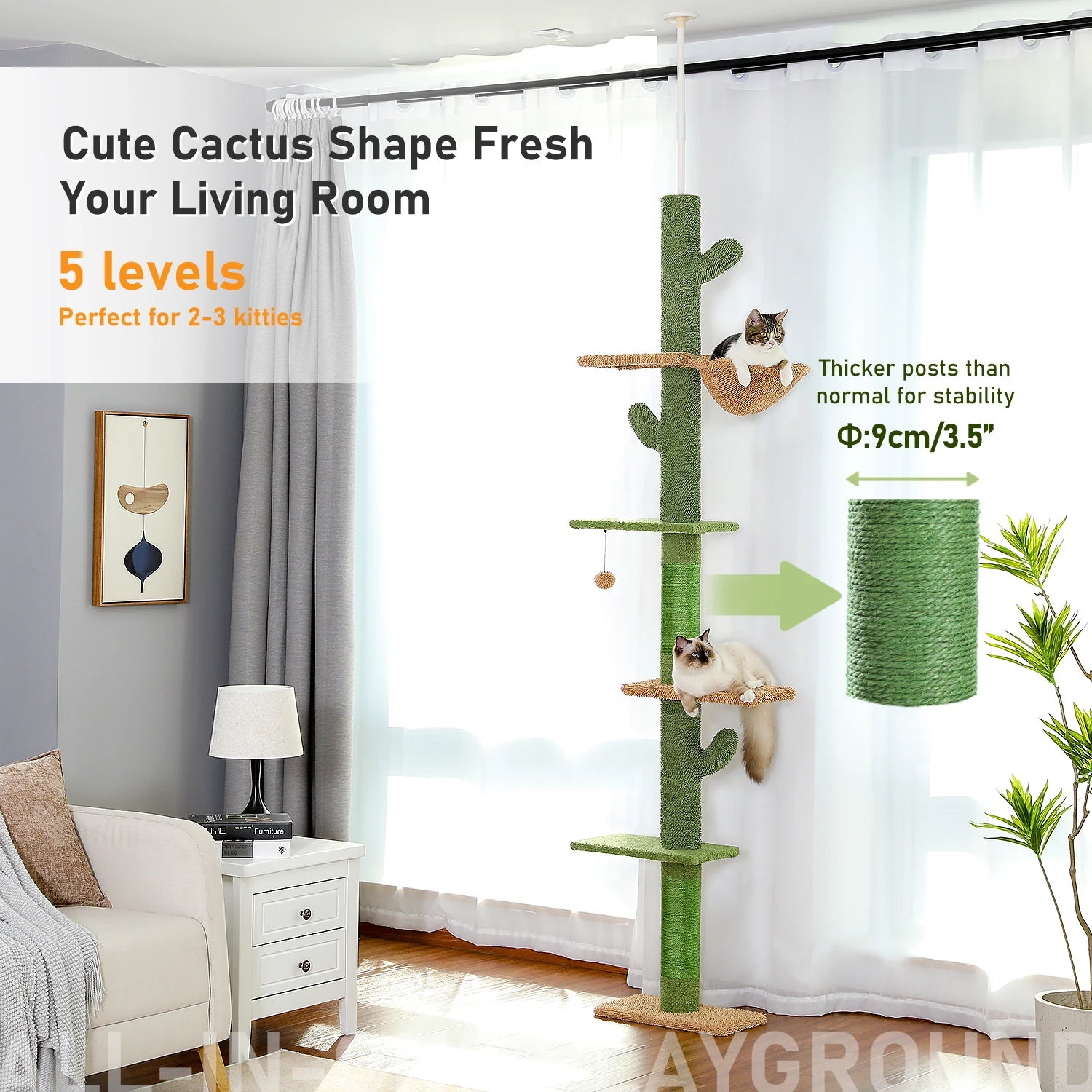 Cat Tree Cactus Floor to Ceiling 90"–108", 5 Levels with Sisal & Hammock