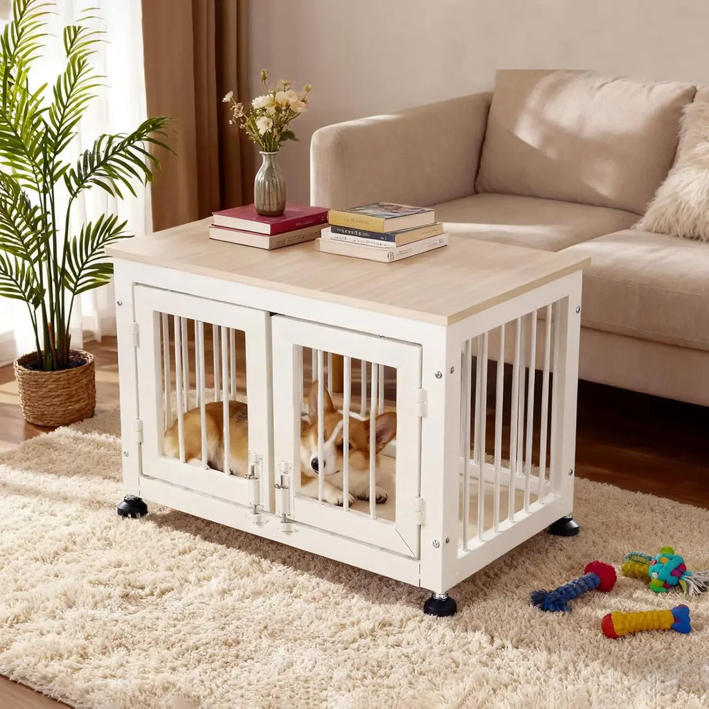 Dog Crate Furniture 27", Wood & Iron with Double Doors, 6 Slide Locks & Adjustable Feet
