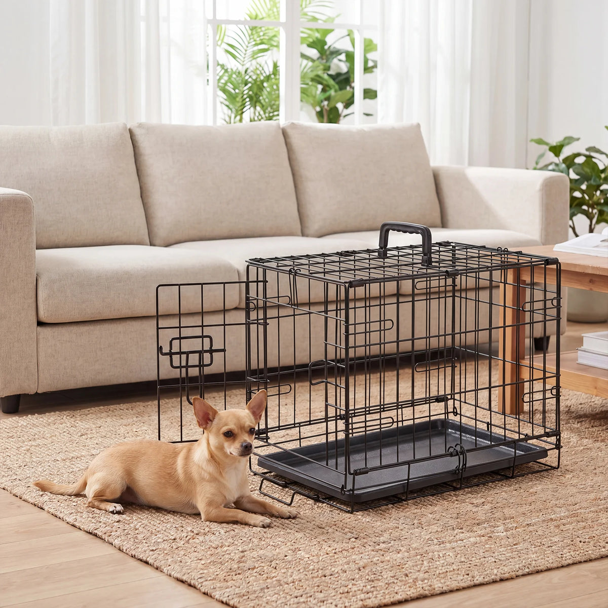 Folding Dog Crate 18", Metal Wire with Slide-Bolt Latch, Removable Tray & Carry Handle