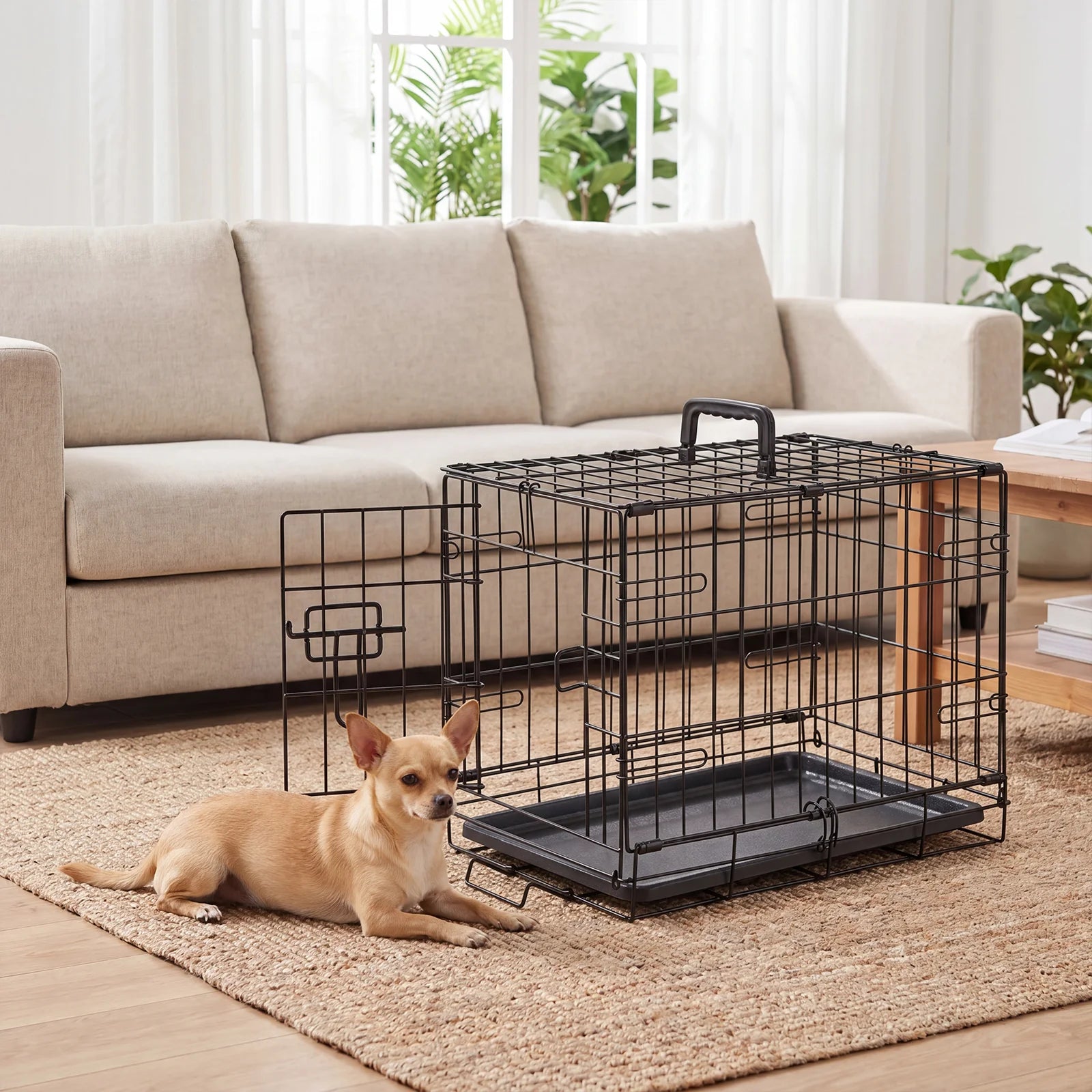 Folding Dog Crate 18", Metal Wire with Slide-Bolt Latch, Removable Tray & Carry Handle