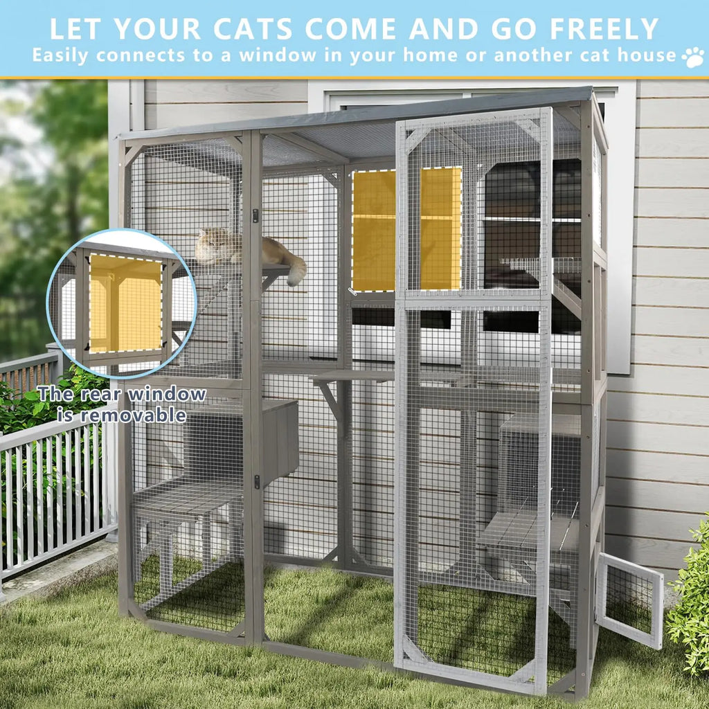 Catio Walk-In 67.7", Fir Wood with 5 Platforms, 2 Napping Houses & Window Access