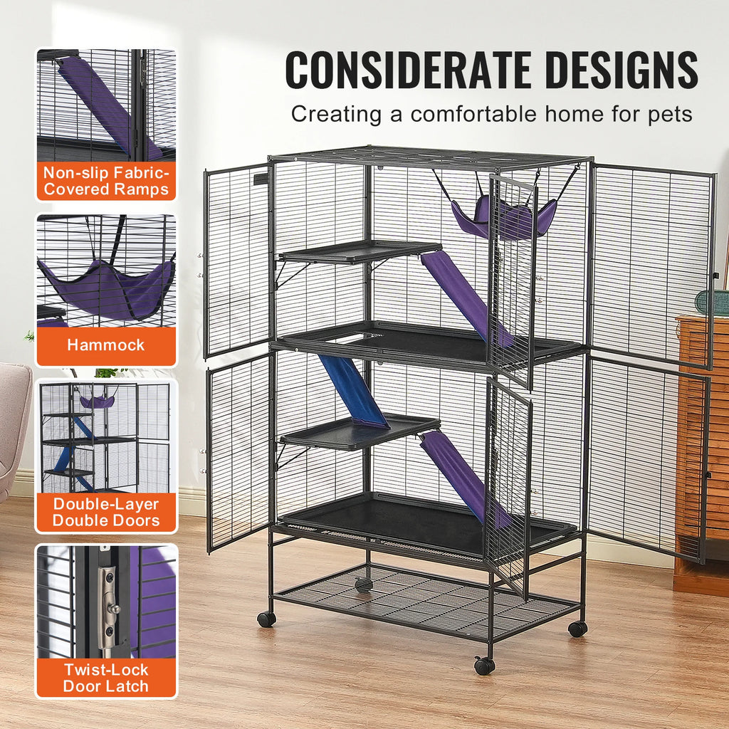 Rolling Small Animal Cage, Multi-Level Metal Critter Cage with Platforms, Ramps, Pull-Out Tray & Lockable Casters — 5 Sizes
