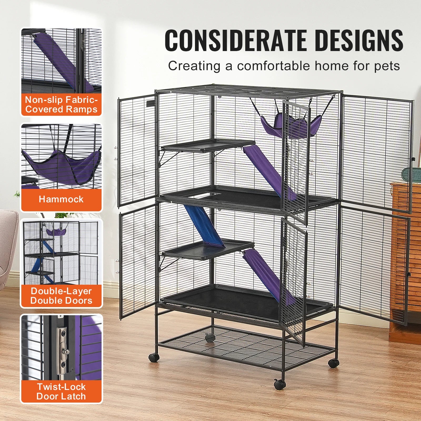Rolling Small Animal Cage, Multi-Level Metal Critter Cage with Platforms, Ramps, Pull-Out Tray & Lockable Casters — 5 Sizes