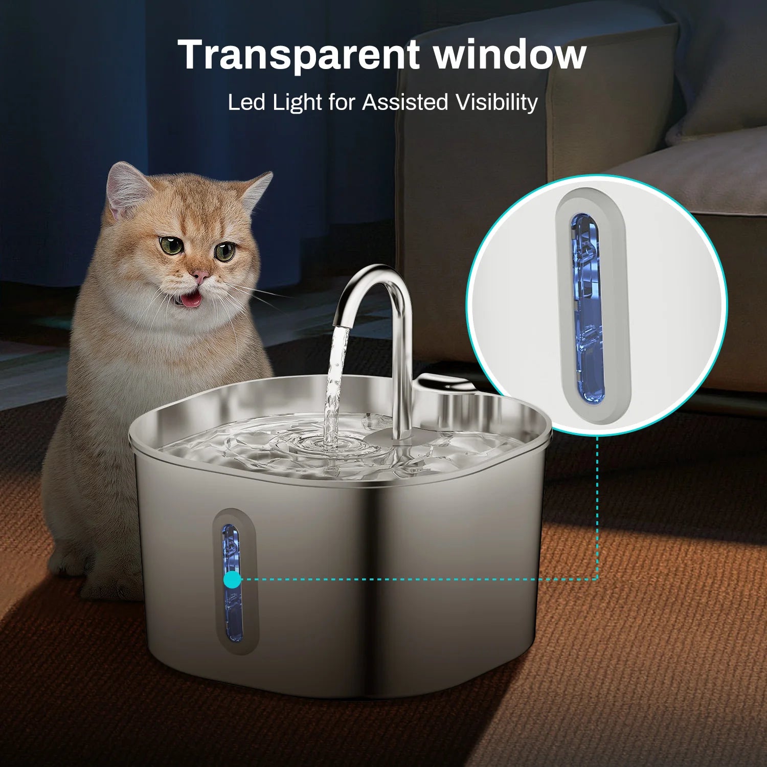 Cat Water Fountain 2.2L, Stainless Steel with Motion Sensor, 30dB Quiet Pump & Water Level Window