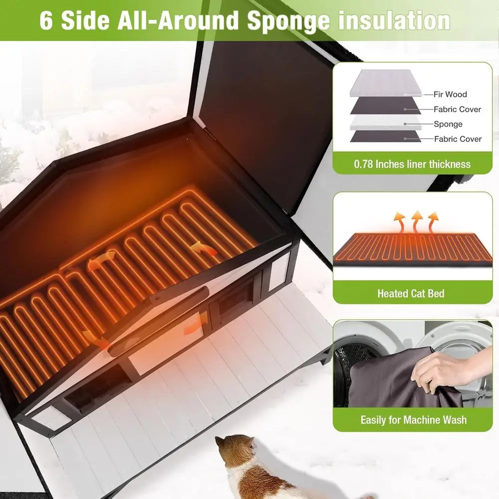 Heated Cat House 35", Large Wood Shelter with Porch, Washable Heated Pad & Thermal Liner