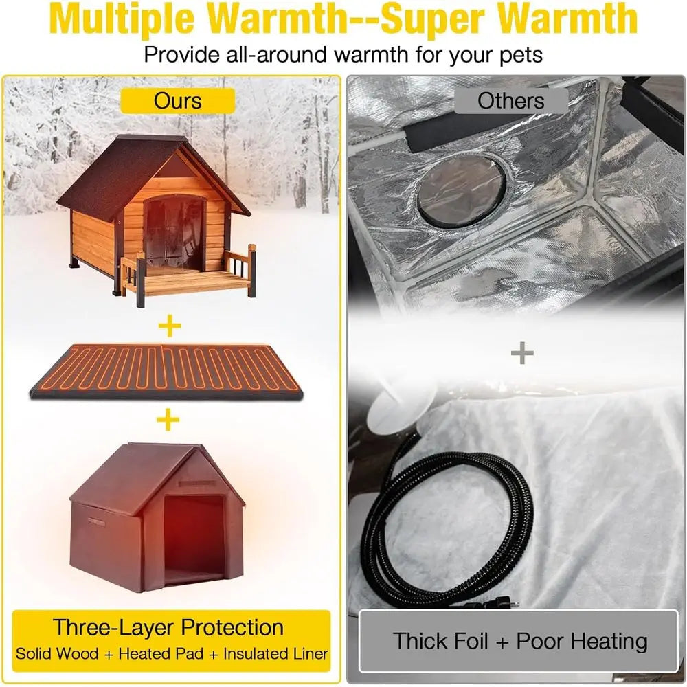 Heated Outdoor Dog House 50", Wood with Metal Frame, Adjustable Heating Pad, Insulated Liner & Porch