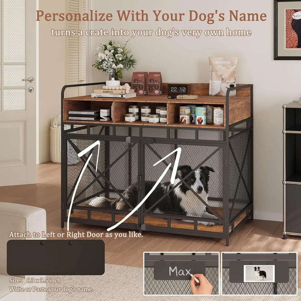 Dog Crate  48", Heavy-Duty Wood & Steel with Chew-Proof Mesh, Storage Compartments & Double Doors