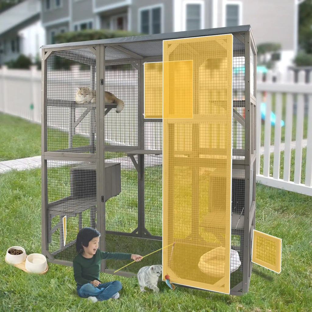 Catio Walk-In 67.7", Fir Wood with 5 Platforms, 2 Napping Houses & Window Access