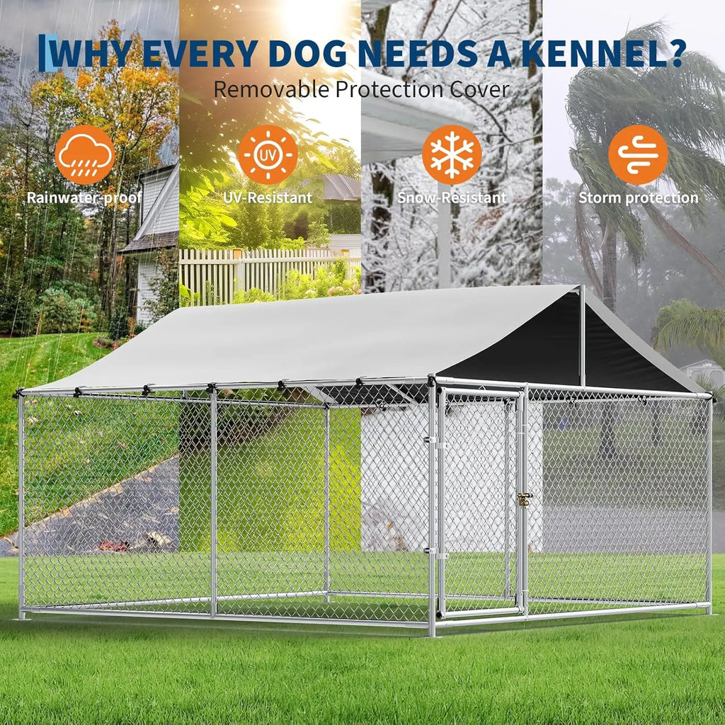 Outdoor Dog Kennel 7.5×7.5 ft, Galvanized Chain-Link with Waterproof Canopy Roof & Lockable Gate