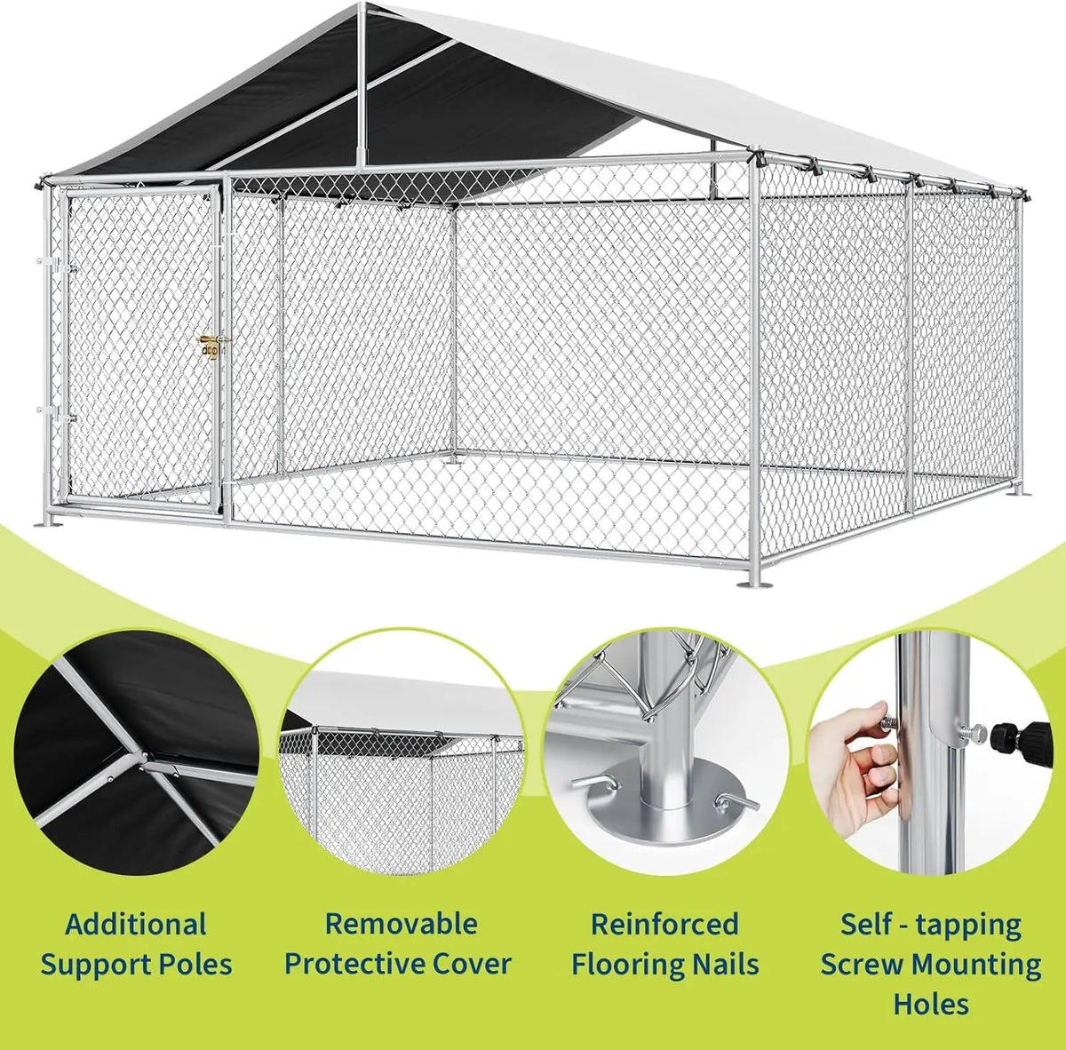 Outdoor Dog Kennel 7.5×7.5 ft, Galvanized Chain-Link with Waterproof Canopy Roof & Lockable Gate