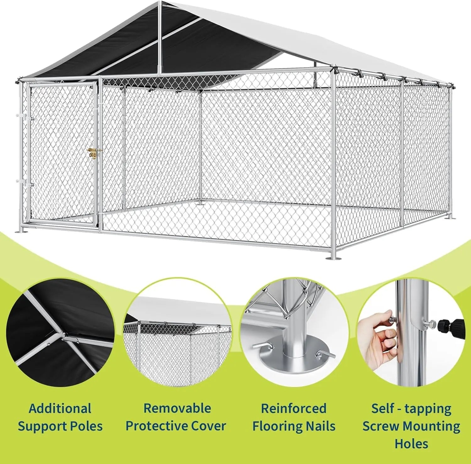 Outdoor Dog Kennel 7.5×7.5 ft, Galvanized Chain-Link with Waterproof Canopy Roof & Lockable Gate