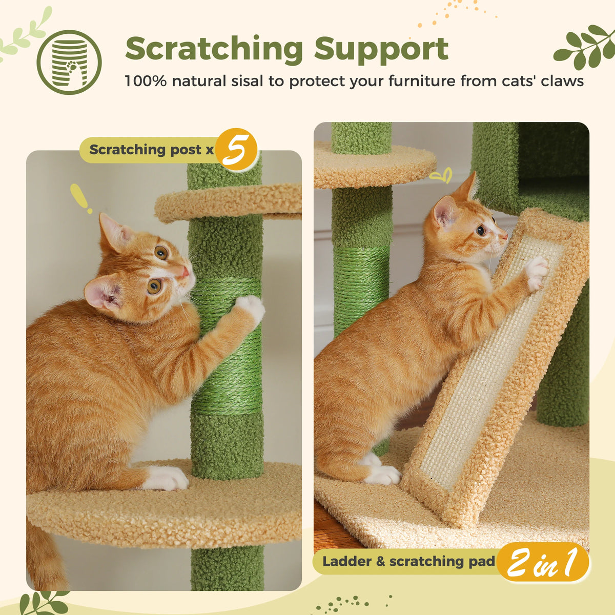 Cat Tree Floor to Ceiling 93"-101", Wooden Tower with Hammock, Condo & Sisal Posts