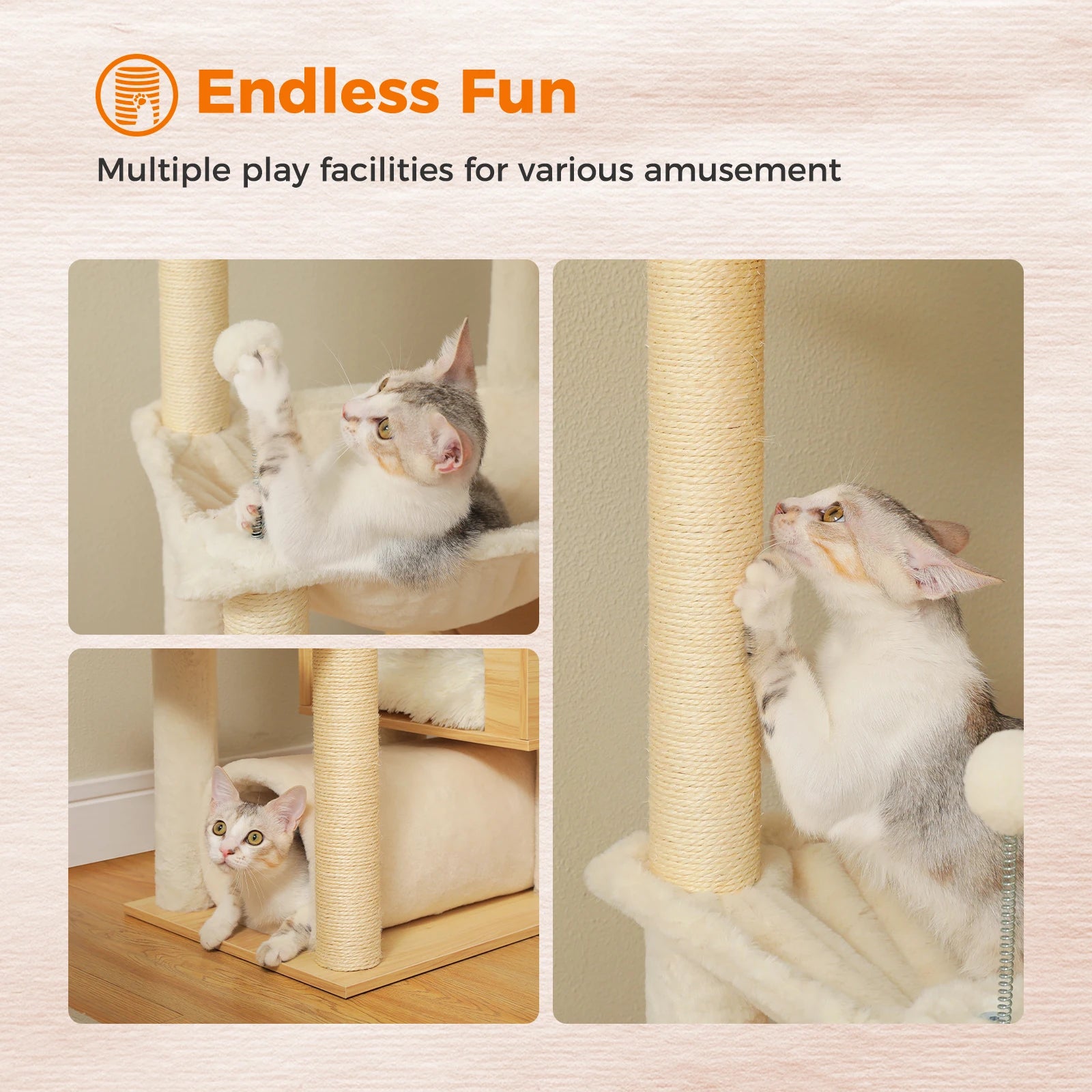 Cat Tree Floor to Ceiling 93"-101", Wooden Tower with Hammock, Condo & Sisal Posts