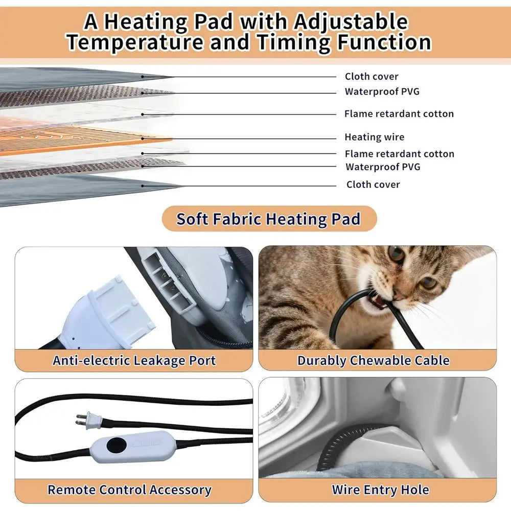 Heated Cat House 27", Weatherproof with Adjustable Heating Pad, Escape Door & Curtains