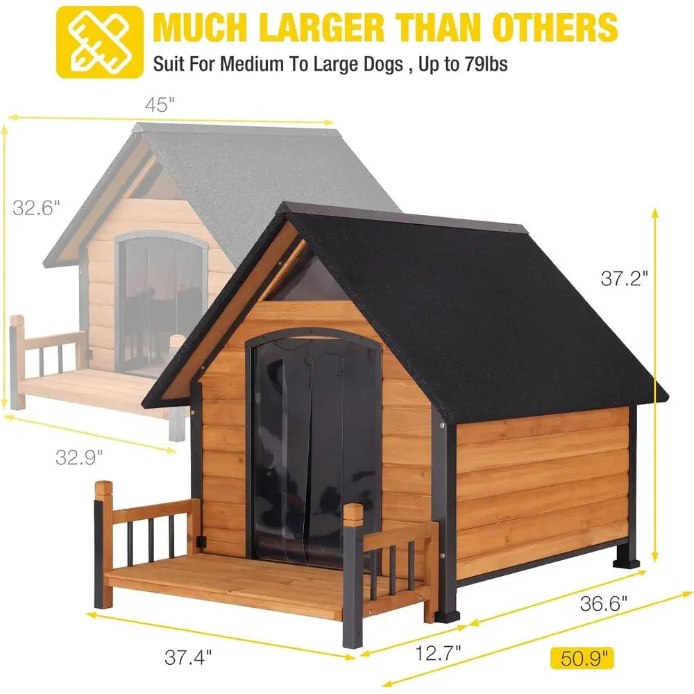 Heated Outdoor Dog House 50", Wood with Metal Frame, Adjustable Heating Pad, Insulated Liner & Porch