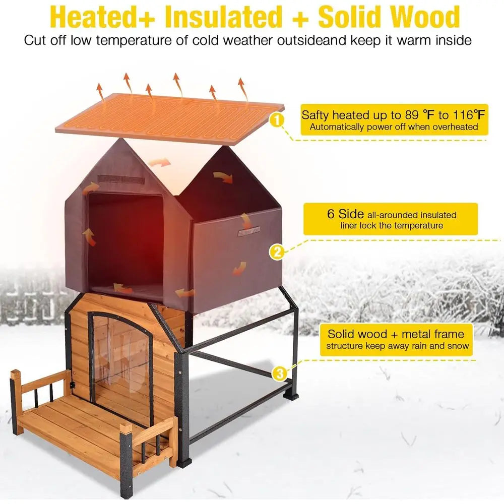 Heated Outdoor Dog House 50", Wood with Metal Frame, Adjustable Heating Pad, Insulated Liner & Porch