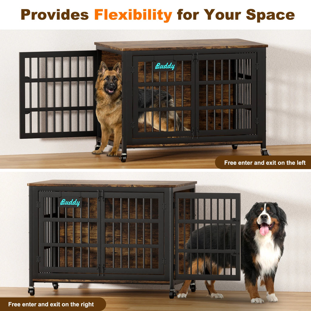 Dog Crate Furniture 41"–46", Heavy-Duty Metal & Wood with Double Doors, 6 Slide Locks & Locking Casters