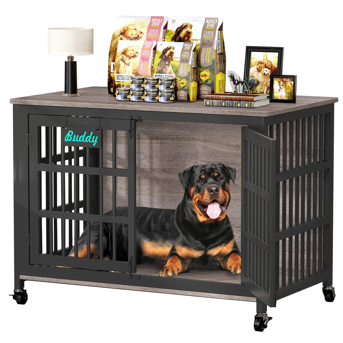 Dog Crate Furniture 41"–46", Heavy-Duty Metal & Wood with Double Doors, 6 Slide Locks & Locking Casters