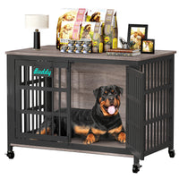 Dog Crate Furniture 41"–46", Heavy-Duty Metal & Wood with Double Doors, 6 Slide Locks & Locking Casters