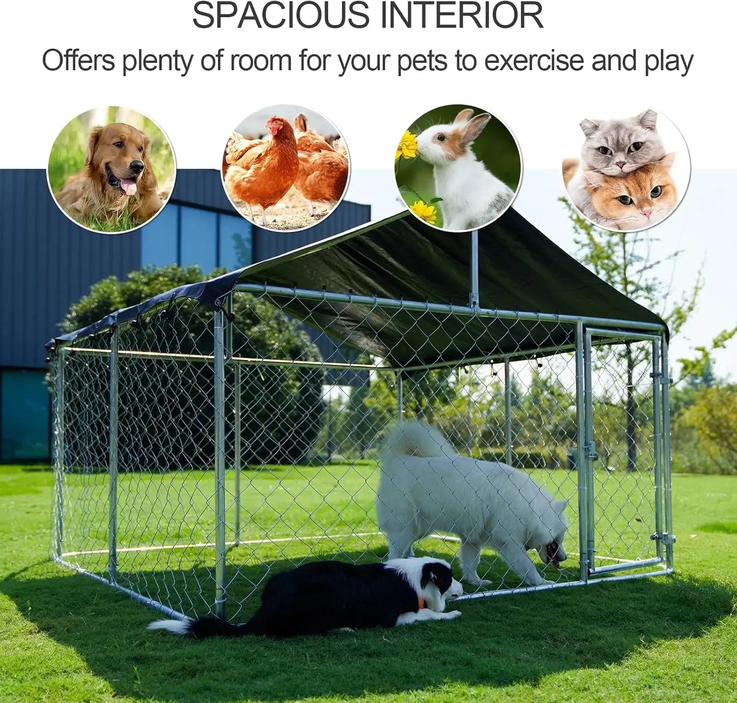 Outdoor Dog Kennel 6.5×6.5 ft, Galvanized Chain-Link with Waterproof Canopy Roof, Ground Stakes & Secure Lock