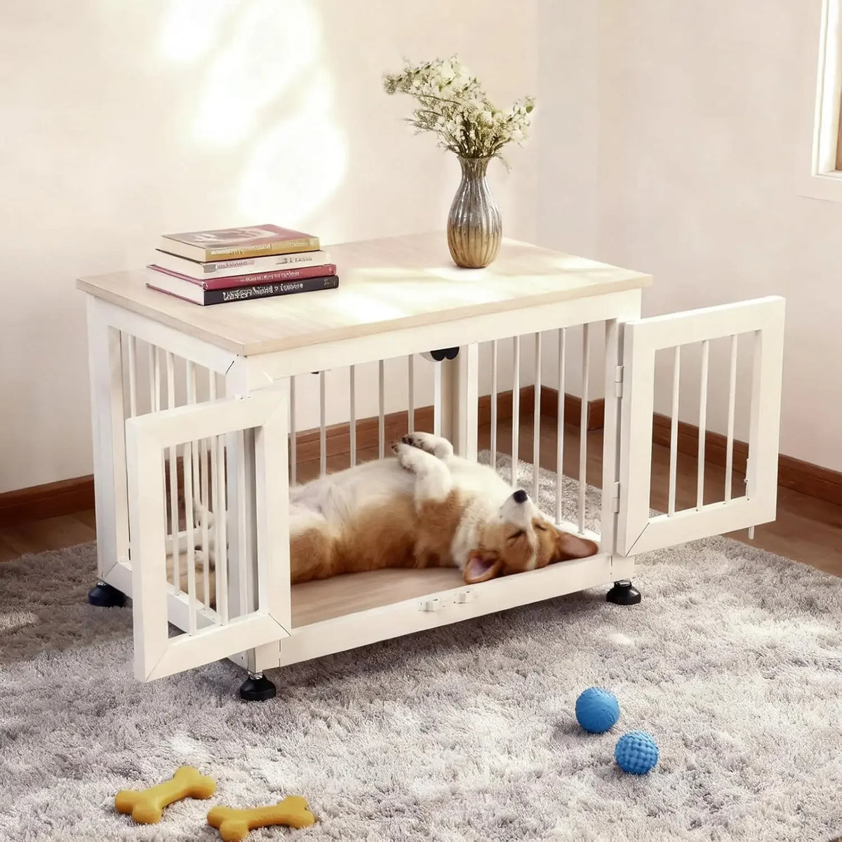 Dog Crate Furniture 27", Wood & Iron with Double Doors, 6 Slide Locks & Adjustable Feet