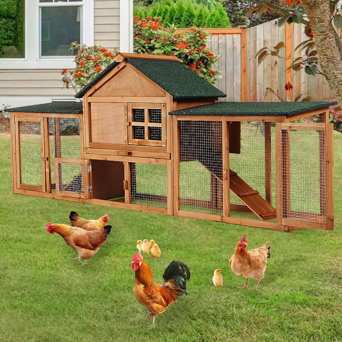 2-Story Rabbit Hutch 82.7", Outdoor Wood Cage with Double Side Runs, Pull-Out Tray, Ramps & Waterproof Roof