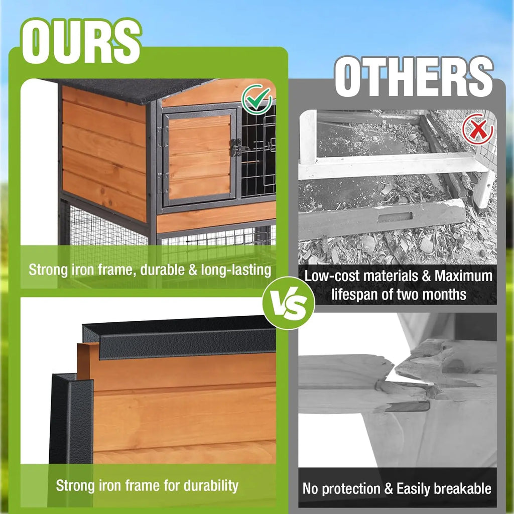 Rabbit Hutch 2-Story, Chew-Proof Wood with Metal Frame, 6 Locking Casters & 3 Pull-Out Trays