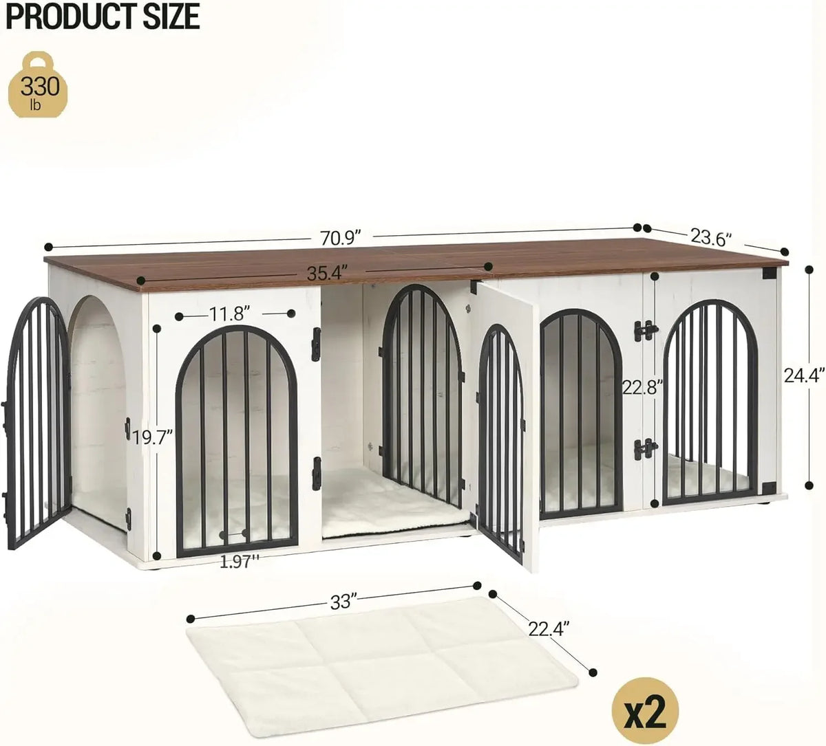 Dog Crate Furniture 71" for Two Dogs, Wood & Steel with Removable Divider, Arch Doors & Washable Cushions