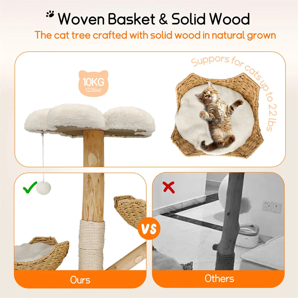 Cat Tree 44", Solid Wood with Natural Baskets, Sisal Post & Dangling Ball