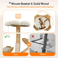 Cat Tree 44", Solid Wood with Natural Baskets, Sisal Post & Dangling Ball