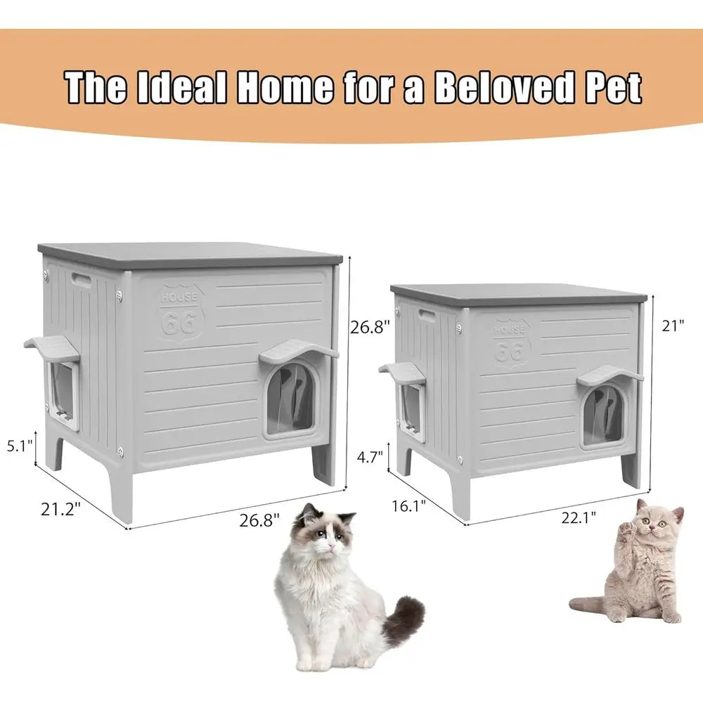 Heated Cat House 27", Weatherproof with Adjustable Heating Pad, Escape Door & Curtains