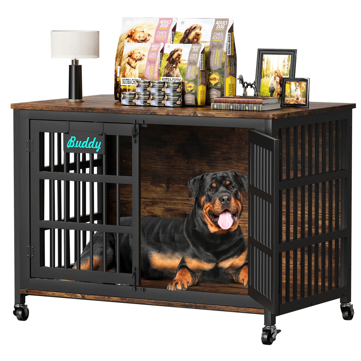 Dog Crate Furniture 41"–46", Heavy-Duty Metal & Wood with Double Doors, 6 Slide Locks & Locking Casters