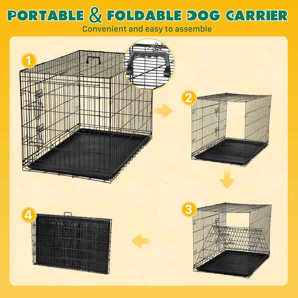 Dog Crate 36"–48", Folding Metal Wire with Double Doors, Divider Panel & Leak-Proof Tray