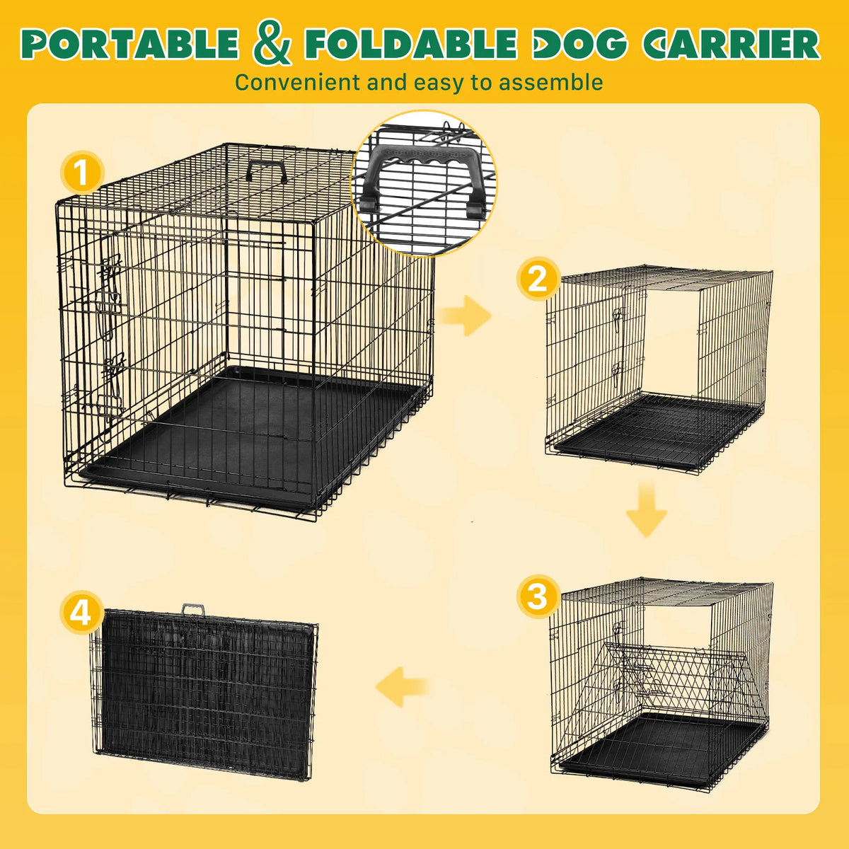 Dog Crate 36"–48", Folding Metal Wire with Double Doors, Divider Panel & Leak-Proof Tray