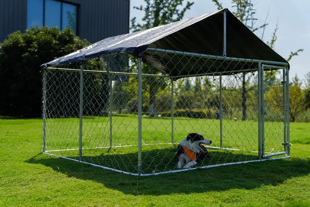 Outdoor Dog Kennel 6.5×6.5 ft, Galvanized Chain-Link with Waterproof Canopy Roof, Ground Stakes & Secure Lock