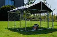Outdoor Dog Kennel 6.5×6.5 ft, Galvanized Chain-Link with Waterproof Canopy Roof, Ground Stakes & Secure Lock