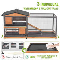 Rabbit Hutch 2-Story, Chew-Proof Wood with Metal Frame, 6 Locking Casters & 3 Pull-Out Trays