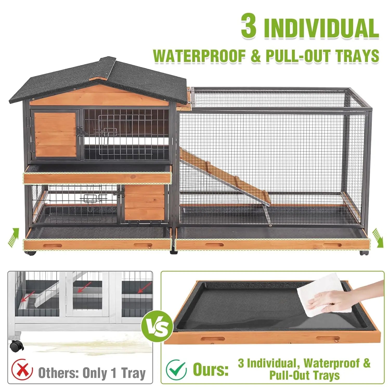 Rabbit Hutch 2-Story, Chew-Proof Wood with Metal Frame, 6 Locking Casters & 3 Pull-Out Trays