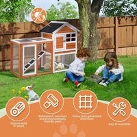 Wooden Rabbit Hutch 46" with Run, Fir Wood & Galvanized Mesh, Pull-Out Tray, Two Latching Doors & Waterproof Roof