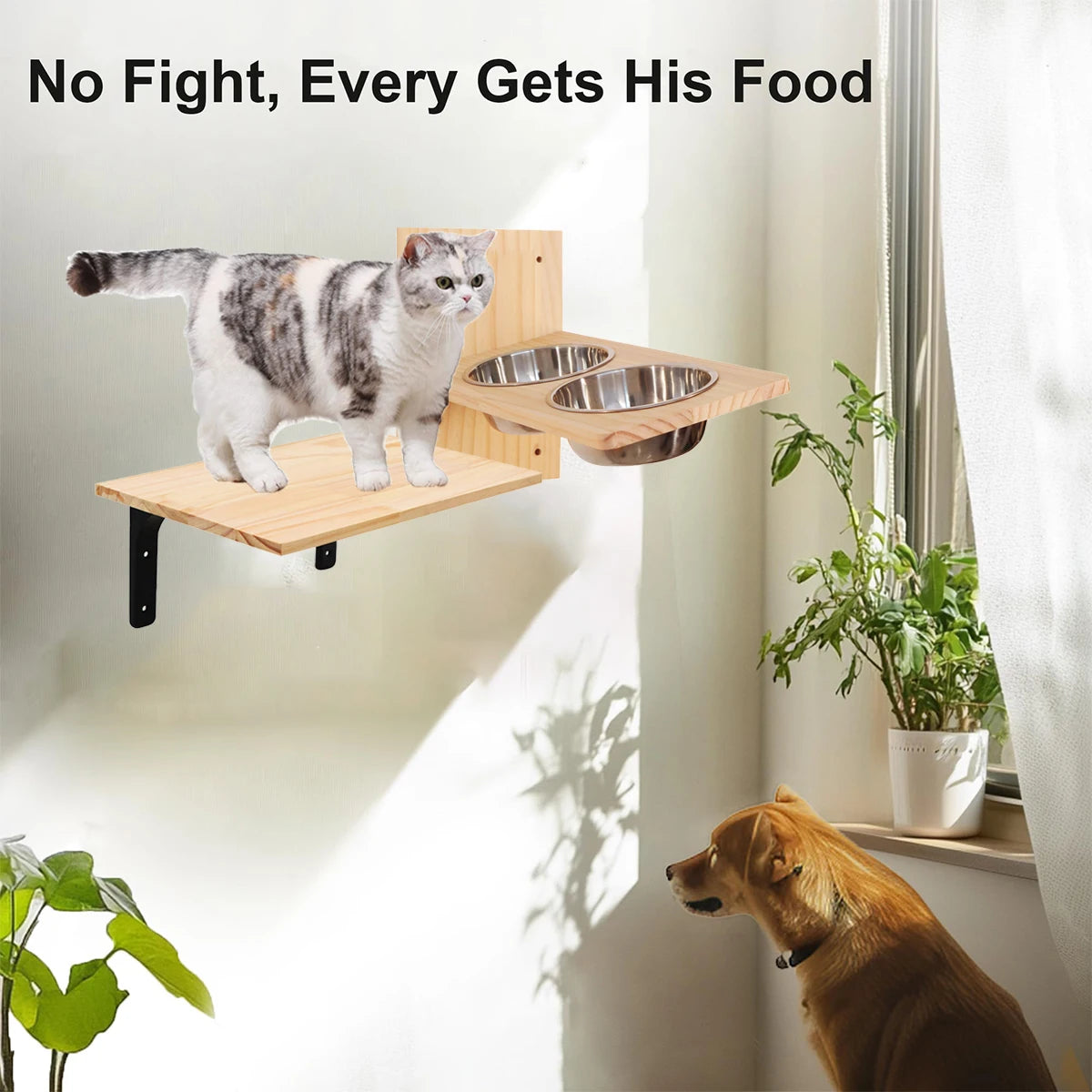 Cat Wall Shelves 15.7" x 9.8", with Removable Feeding Station & 2 Steel Bowls
