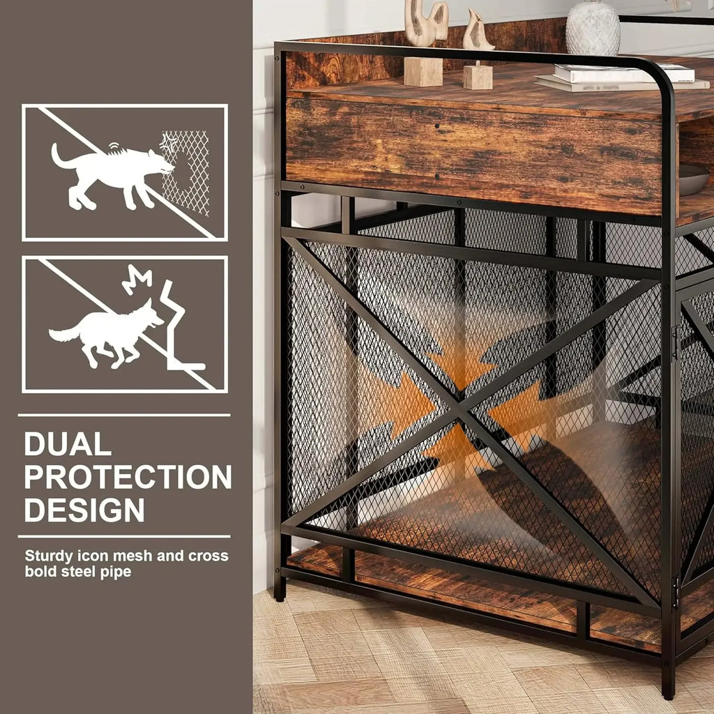 Dog Crate  48", Heavy-Duty Wood & Steel with Chew-Proof Mesh, Storage Compartments & Double Doors