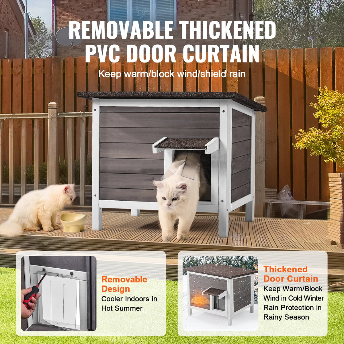 Insulated Cat House 24", Cedar with Foam Insulation, Sloped Roof & Door Curtain