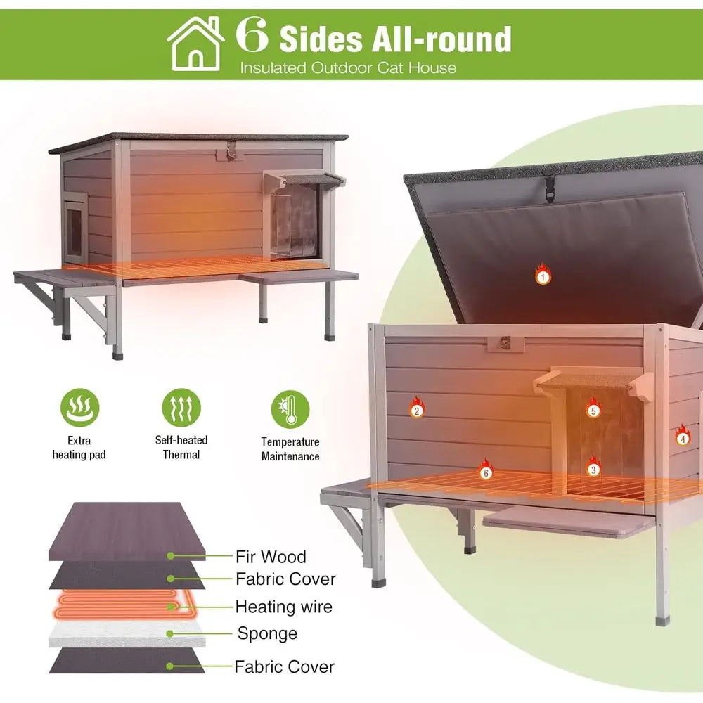 Heated Cat House 34", Wood with Heating Pad, Thermal Liner, Elevated Base & Side Platforms