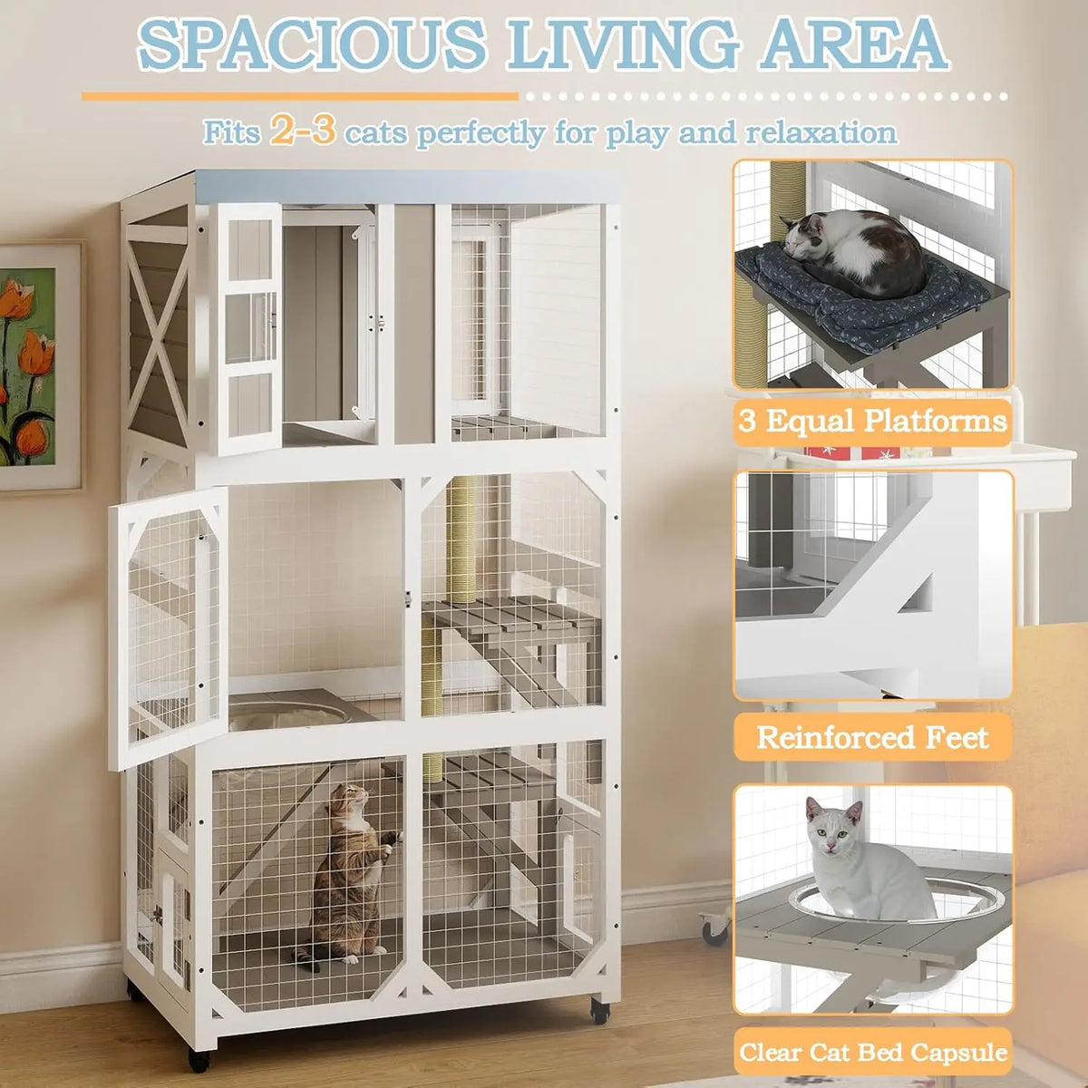 Catio on Wheels 63", Wooden with 3 Platforms, Capsule Bed & Window Access