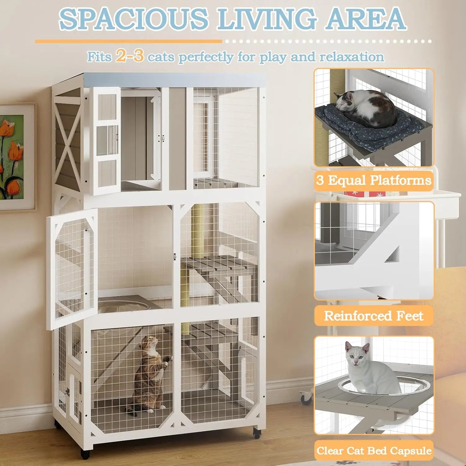 Catio on Wheels 63", Wooden with 3 Platforms, Capsule Bed & Window Access